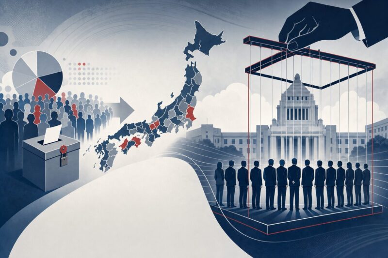 日本の選挙区地図や国会議事堂、整列した議員のシルエットを用いて、小選挙区制のもとで議員行動が統制されやすい構造を表現したイラスト。