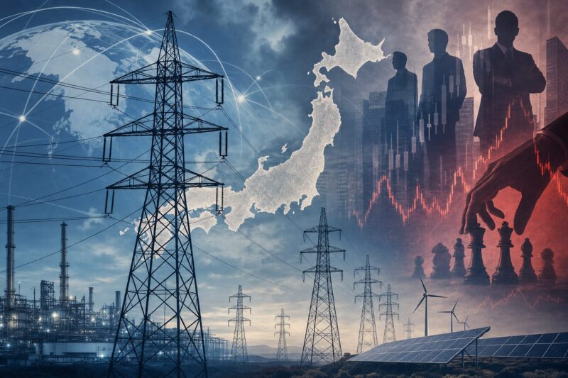 送電線や電力インフラとグローバル資本を想起させる要素を組み合わせ、外資参入と安定供給の緊張関係を表現したイラスト