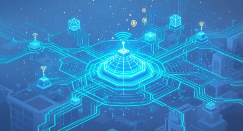 ブロックチェーンで繋がる分散型ワイヤレス通信インフラ(Heliumネットワーク)の概念イラスト。スマートシティのホットスポットがメッシュ状に電波を結び、トークン報酬が循環する様子。