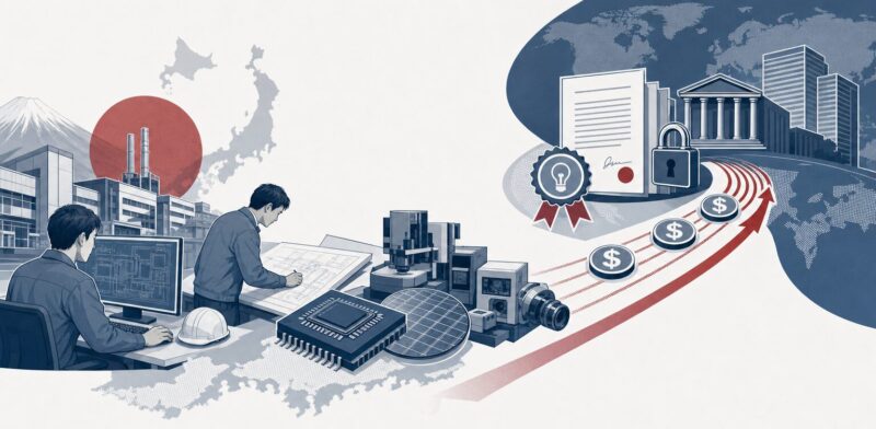 日本の工場や技術開発の現場と、海外企業とのライセンス契約や利益流出の構造を図解的に表現したイラスト。
