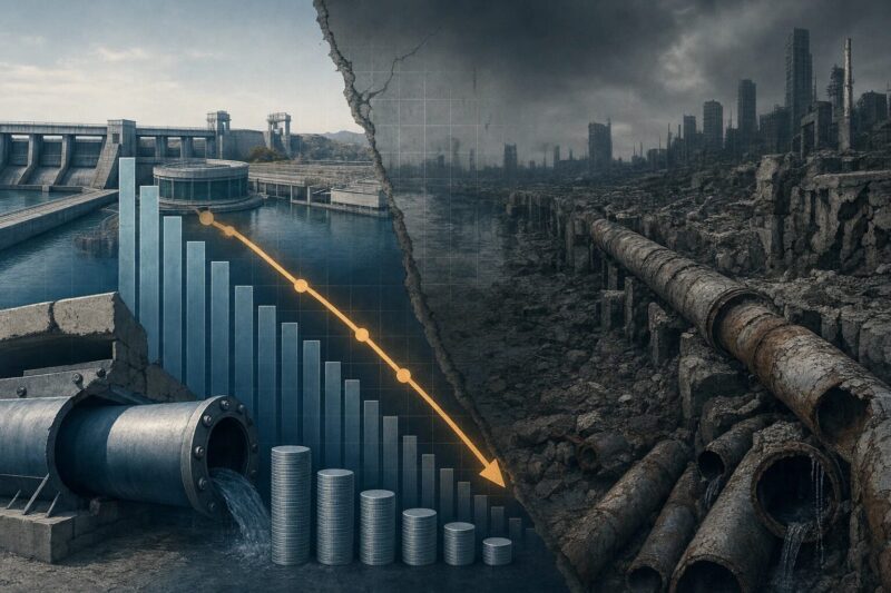 老朽化した水道管と予算削減を示す下降グラフのイメージ図。緊縮財政によるインフラ投資の縮小と、その結果生じた設備劣化の関係を視覚的に表している。