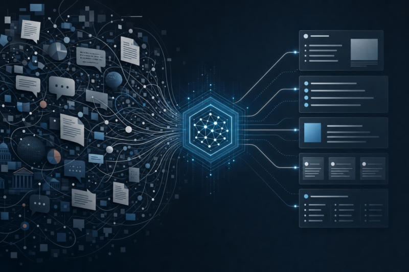 複雑に絡み合った情報が中央のAI分析層を通過し、整理された文書ブロックや構造化された情報へ変換される様子を描いたイラスト