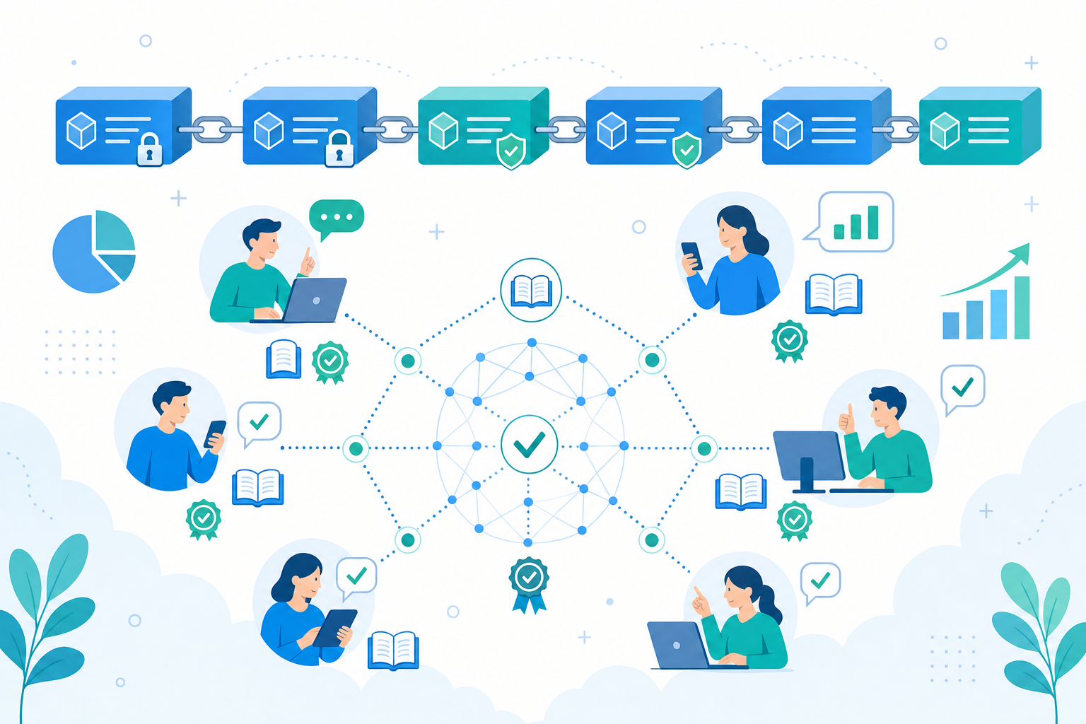 ブロックチェーンの仕組みを示す概念イラスト。鎖のようにつながった複数のブロックが時系列の記録を保持し、南京錠やシールドのアイコンで改ざん耐性を表現している。周囲には複数の参加者ノードが分散して配置され、同じ情報を共有しながら、公開ルールに基づく検証とコミュニティによる合意形成が行われる様子が描かれている。