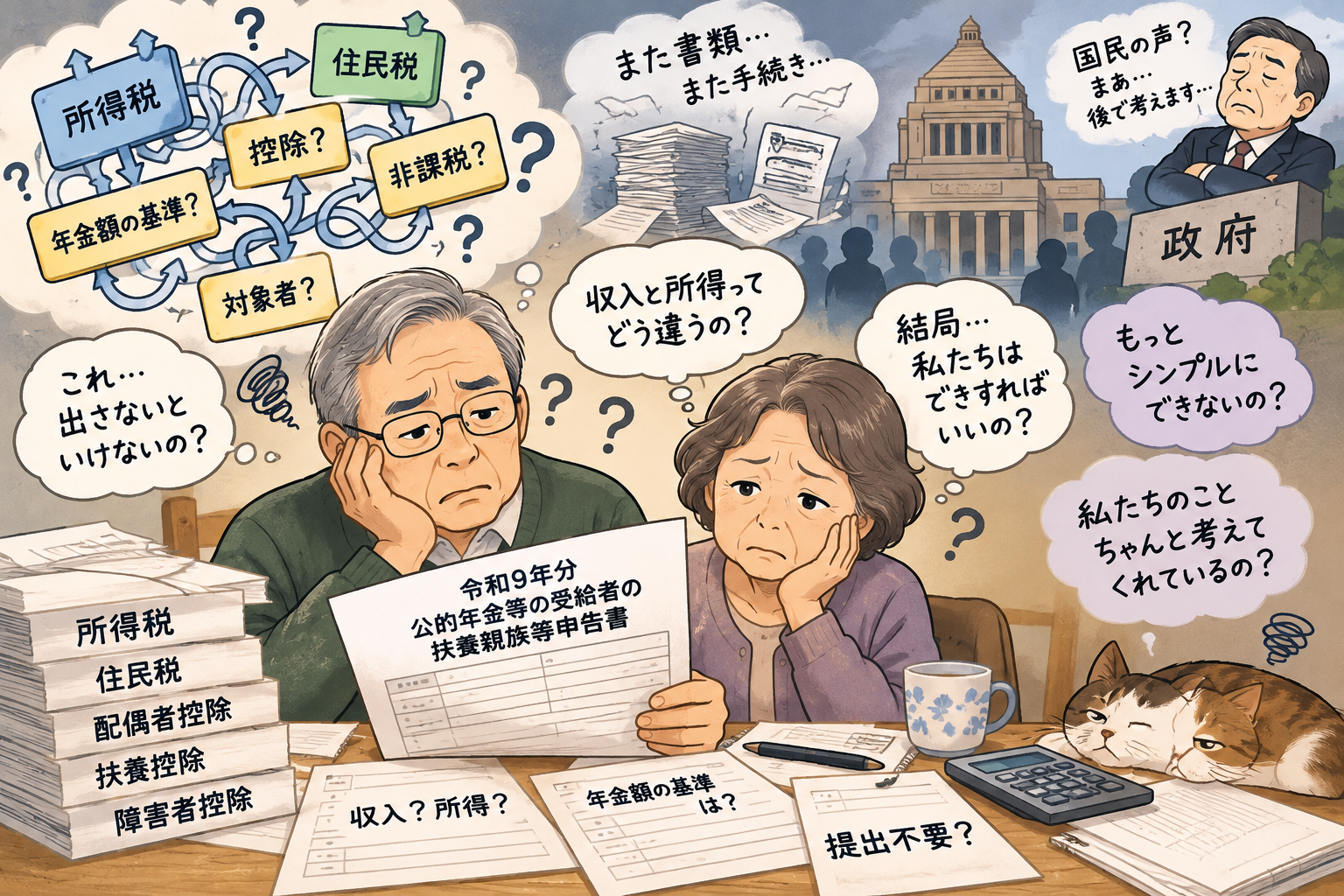 複雑な税制や年金の申告手続きに戸惑う高齢夫婦。所得税や住民税、各種控除の書類に囲まれ、制度のわかりにくさや行政手続きの負担を表現したイラスト。