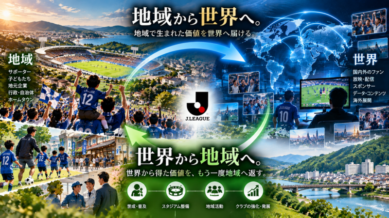 Jリーグを通じて地域と世界が価値を循環させる仕組みを描いたインフォグラフィック。地域のスタジアムやサポーター、子どもたち、地元企業が生み出した価値を、映像配信や海外展開によって世界へ届け、その成果を育成・普及、スタジアム整備、地域活動、クラブの発展を通じて地域へ還元する流れを表現しています。