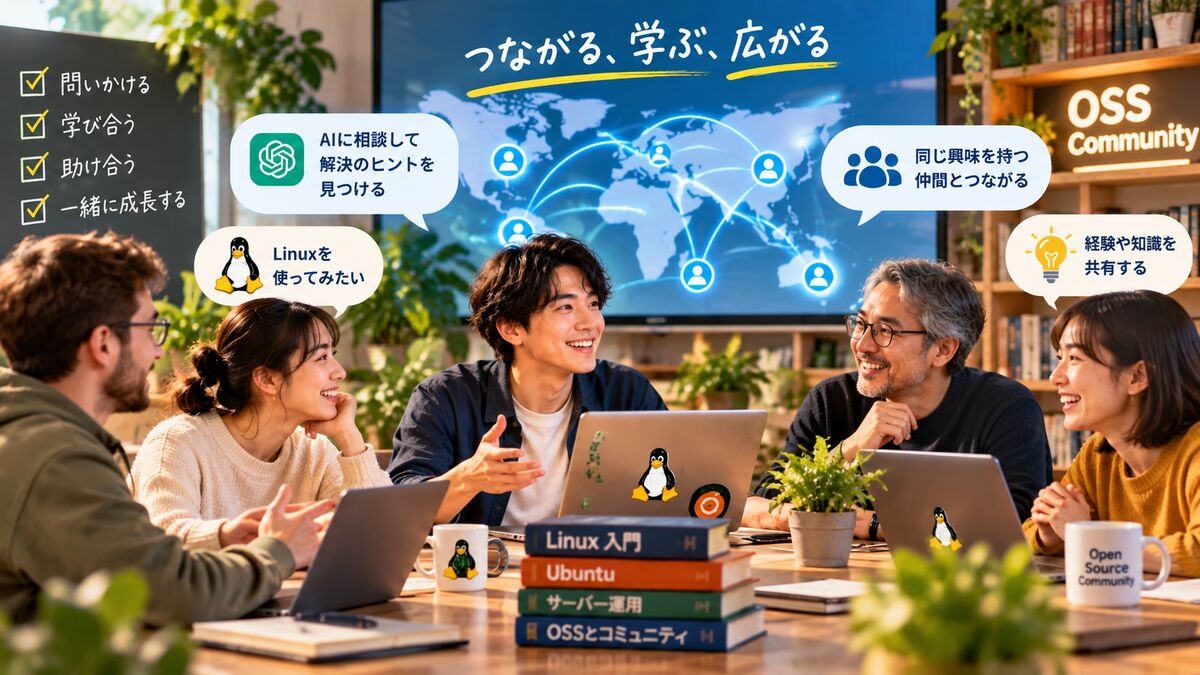 LinuxやOSSに興味を持つ人々が集まり、AIを活用しながら知識や経験を共有し、互いに学び合うコミュニティーのイラスト