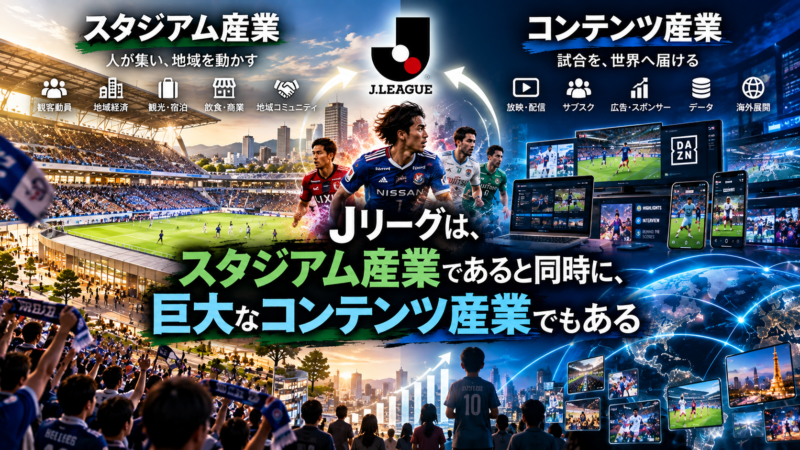 Jリーグのスタジアム産業とコンテンツ産業を対比し、地域経済への効果、放映・配信、広告、データ活用、海外展開など、スポーツビジネスの広がりを表現したイラスト。