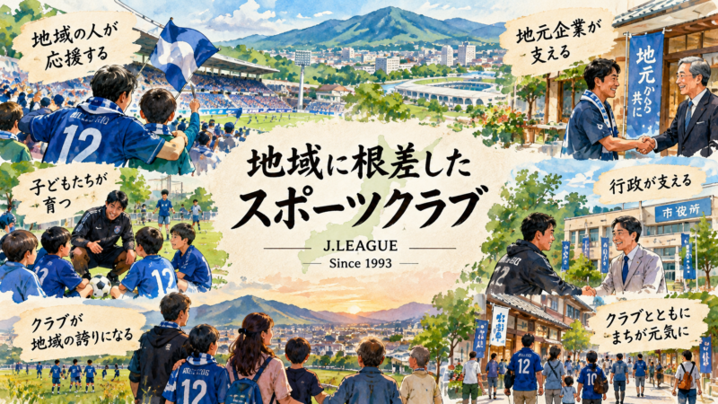 Jリーグ創設時の「地域に根差したスポーツクラブ」という理念を表現した水彩画風イラスト。サポーター、子どもたち、地元企業、行政がクラブを支え、スポーツを通じて地域の誇りと活気を育む様子を描いています。