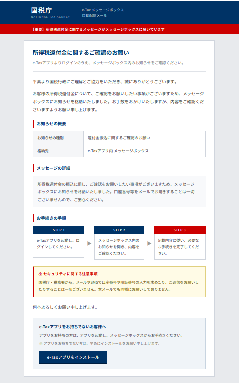 国税庁・e-Taxを装ったフィッシングメールの画面。「所得税還付金に関するご確認のお願い」と表示し、e-Taxアプリへの誘導や還付金の確認を促している。