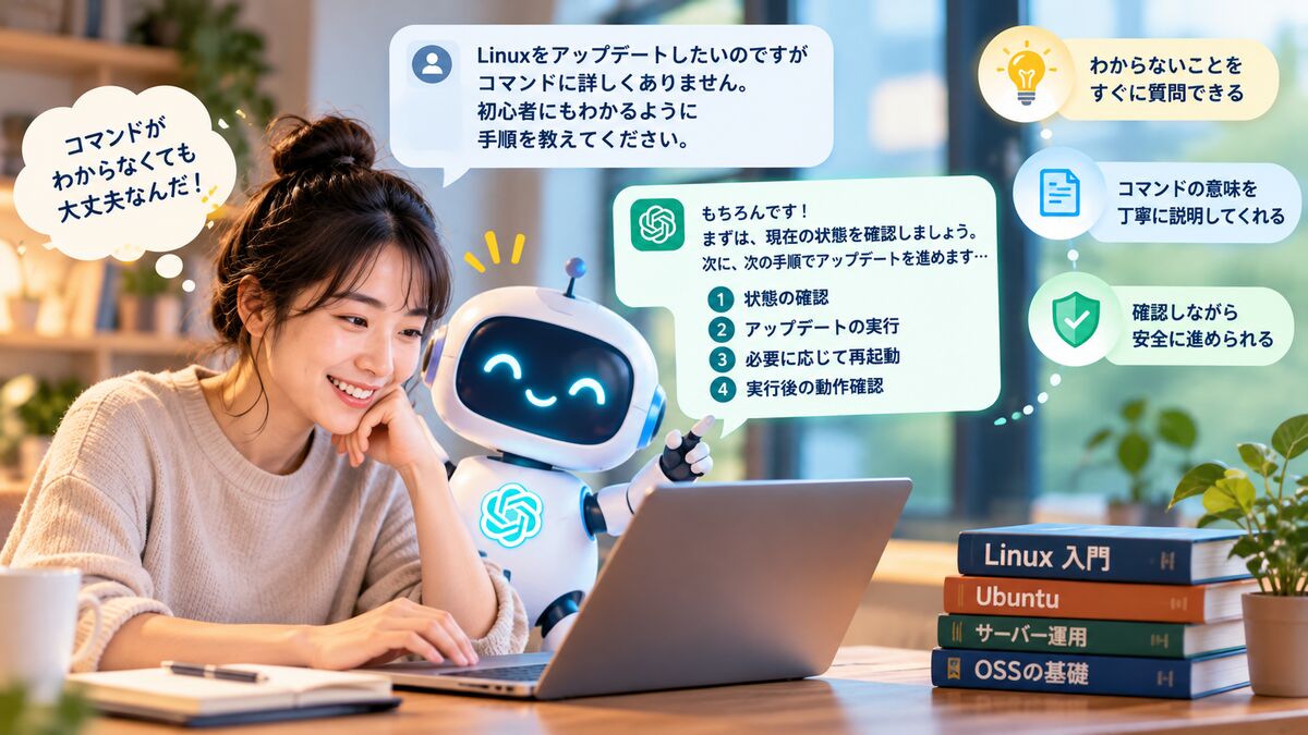 AIロボットに質問しながら、ノートパソコンでLinuxの学習を進める初心者のイラスト